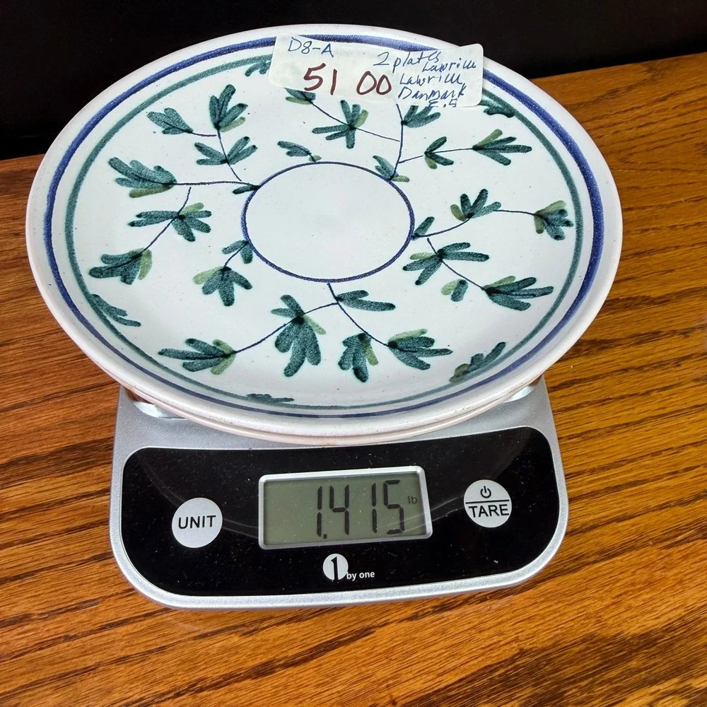 Laurine Plate Set Hand Painted Stoneware Signed Blue Green 7.75